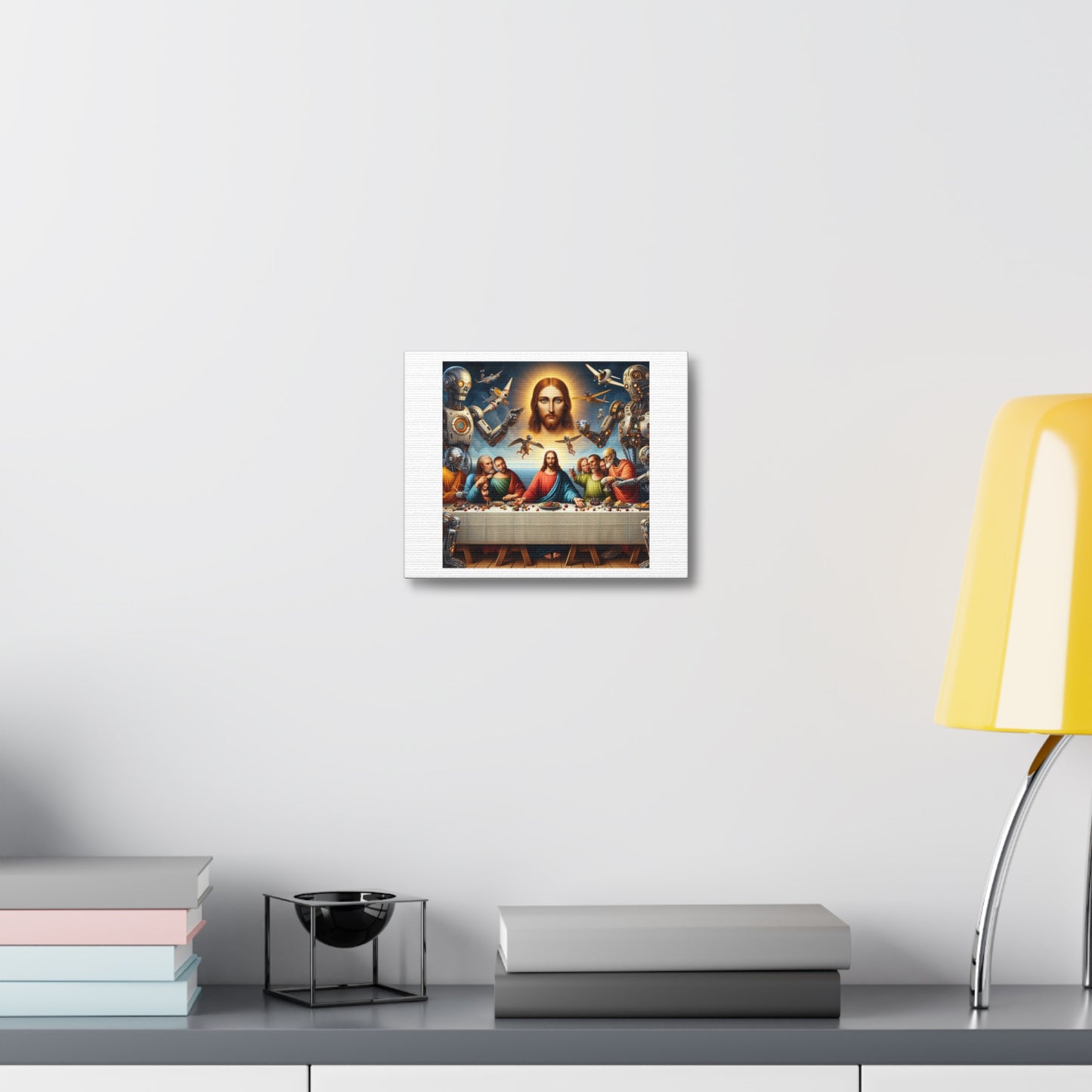 Jesus, Aliens, NPCs and Robots Depicted in the Last Supper, Art Print 'Designed by AI' on Canvas