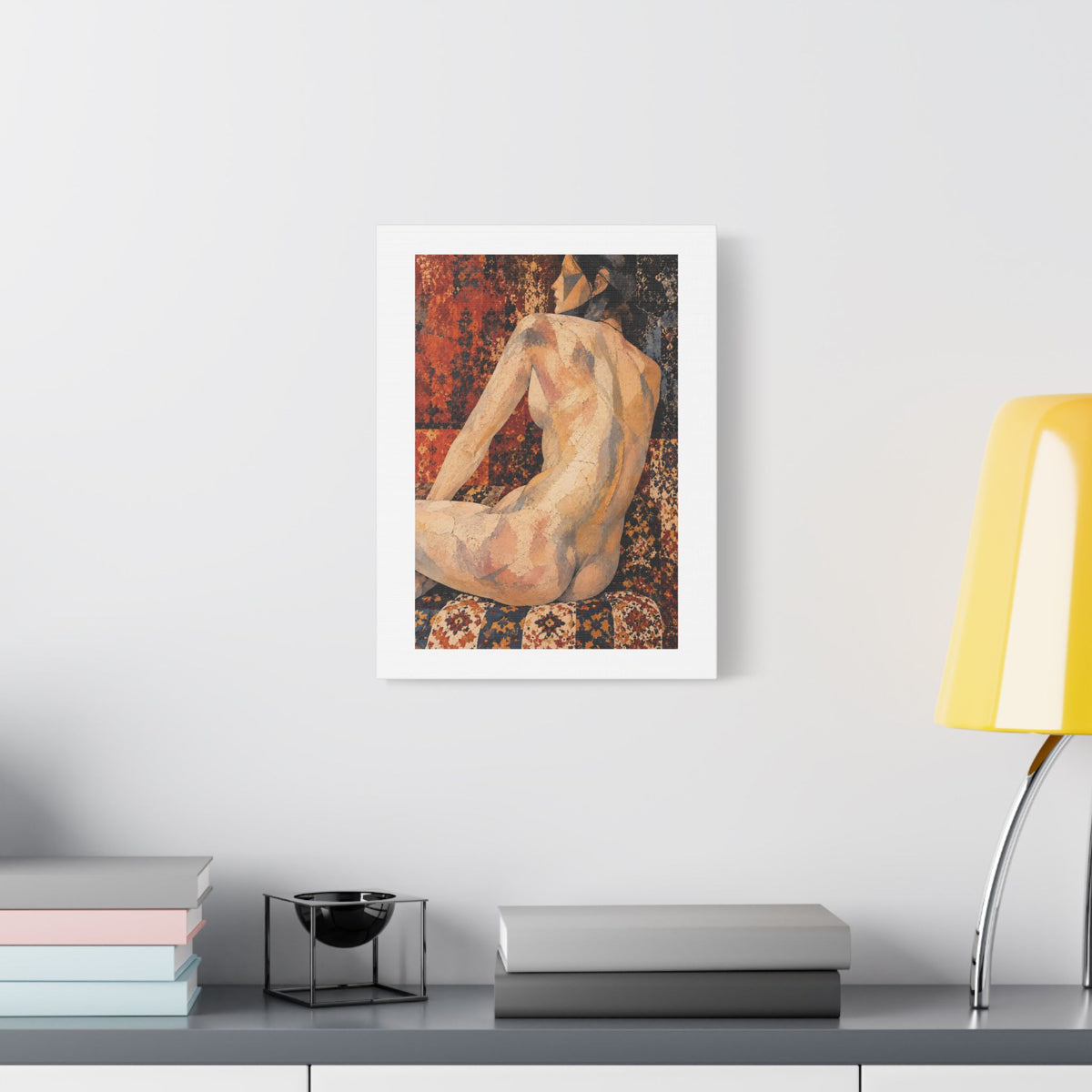 Abstract Mosaic Nude on Ornate Tapestry, Art Print on Satin Canvas, Stretched