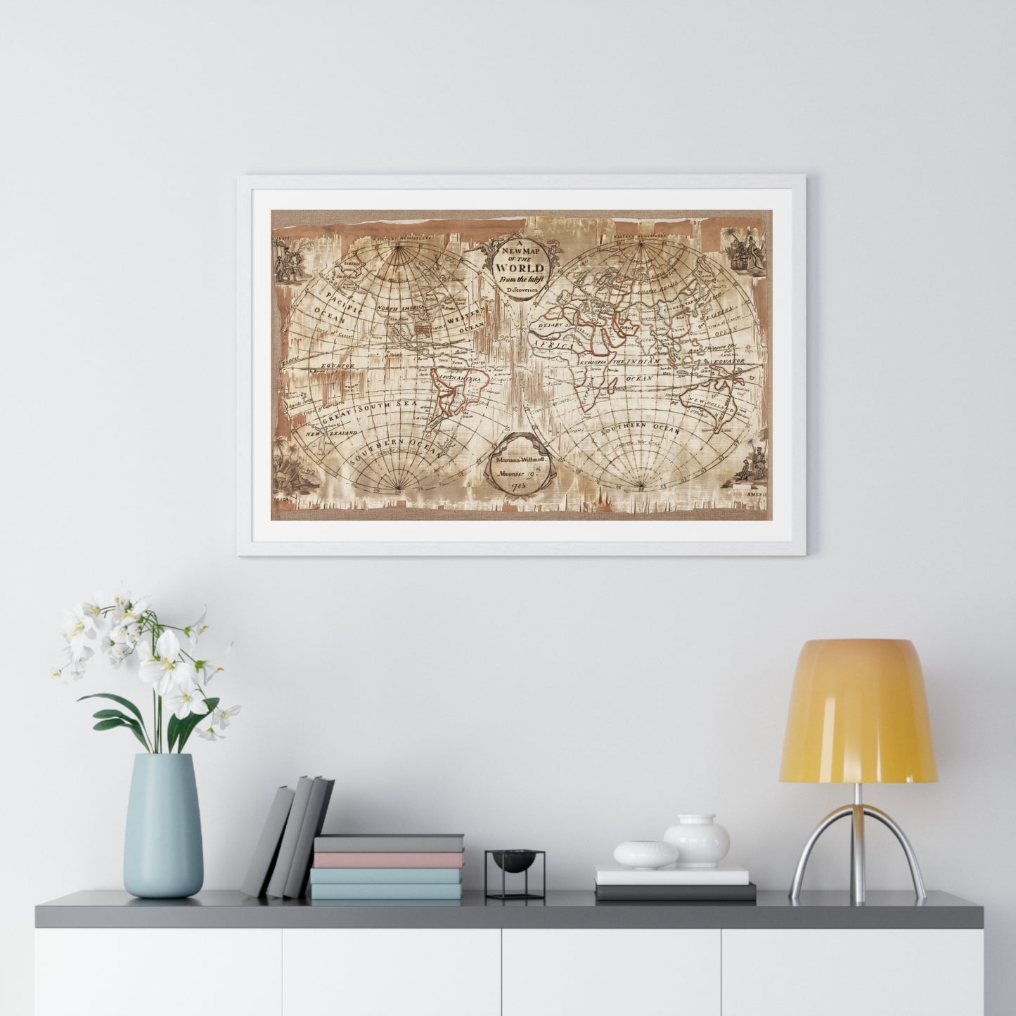 Embroidered World Map Sampler (1783) by Mariana Willmott, from the Original, Framed Art Print