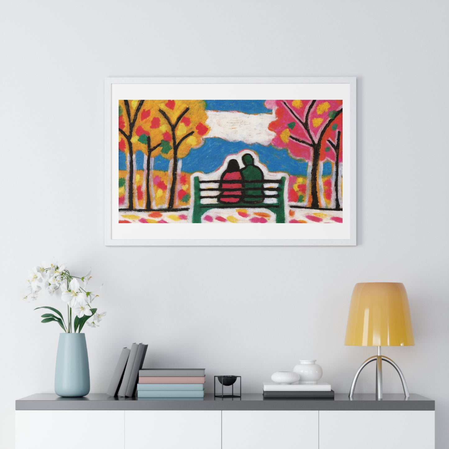 Couple on a Park Bench Fuzzy Felt Art 'Designed by AI' Framed Print