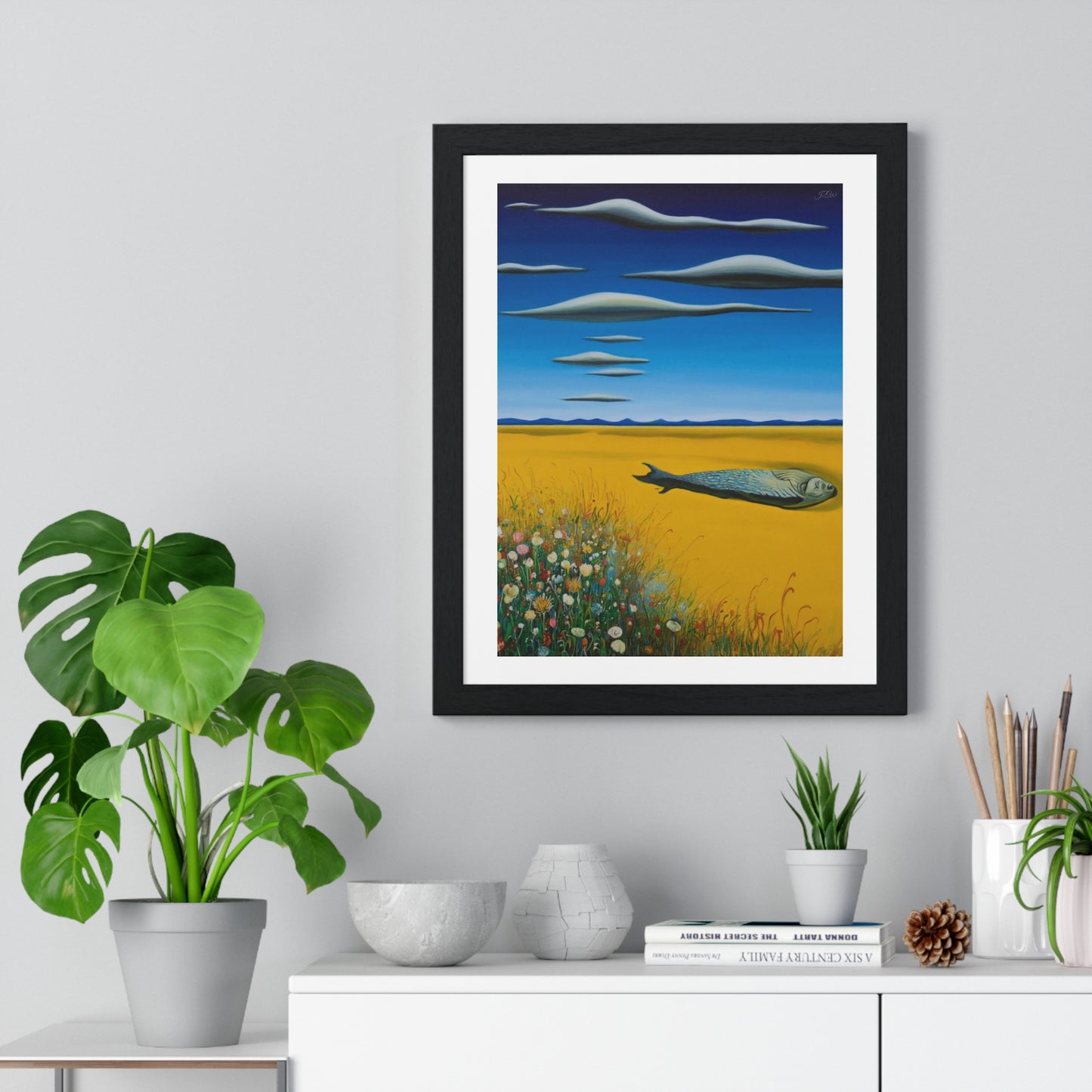 Yellow Meadow with Flowers, Surrealist Art 'Designed by AI' Framed Print