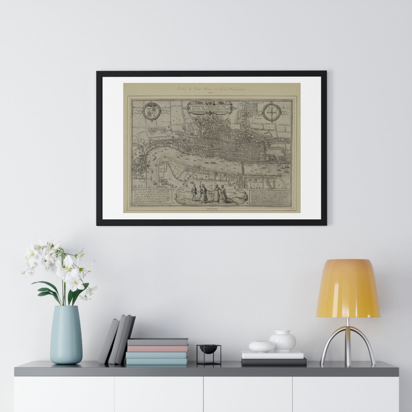 Tudor Antique Map of London (1572) 'Londinum Feracissimi Angliae Regni Metropolis' from the Original, Framed Print