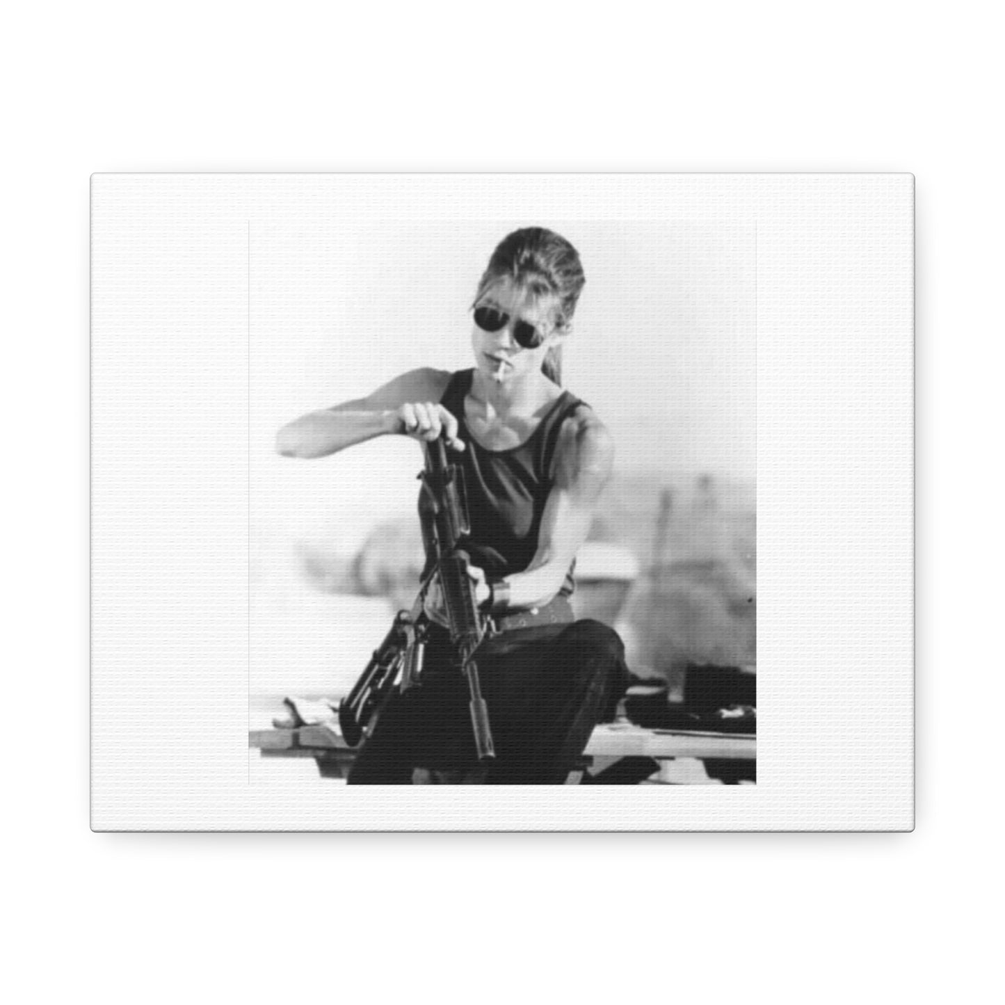 Woman With Sniper Rifle Weird Black & White Photographic Art Print on Satin Canvas