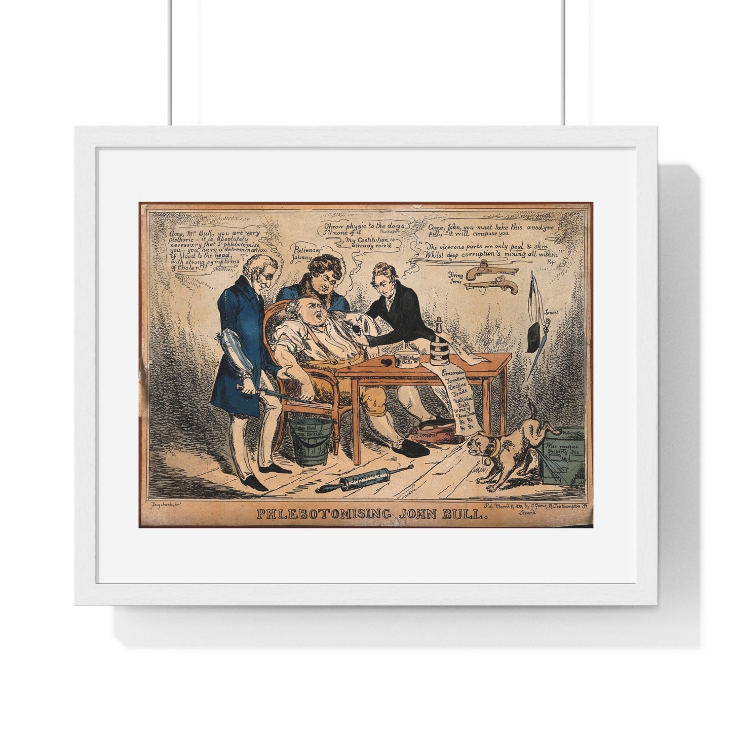 John Bull About to be Bled by Three Doctors, Representing Britain's Budget Manipulated by the Cabinet (1830) by John Phillips, from the Original, Framed Print