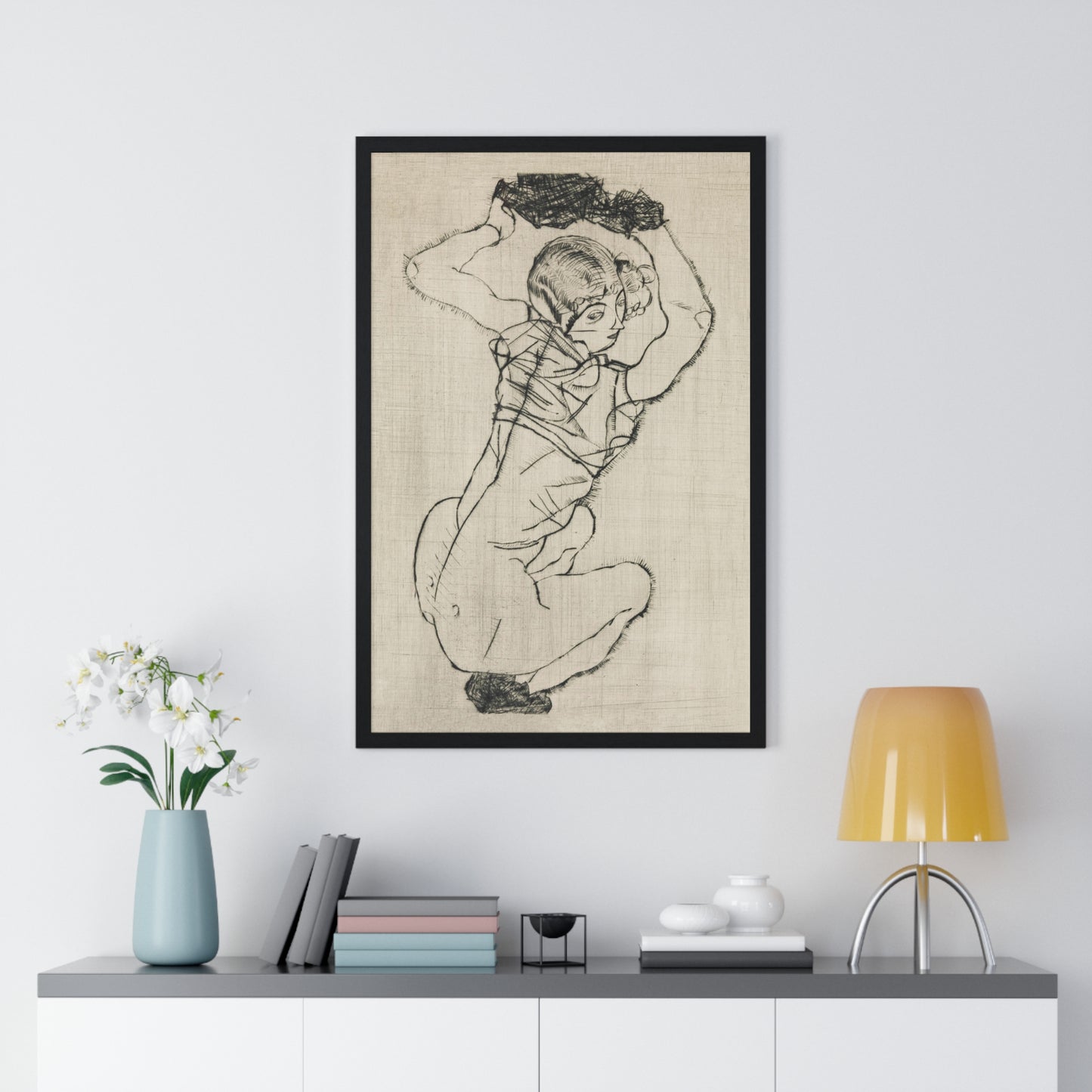 Squatting Woman (1914) by Egon Schiele from the Original, Framed Art Print