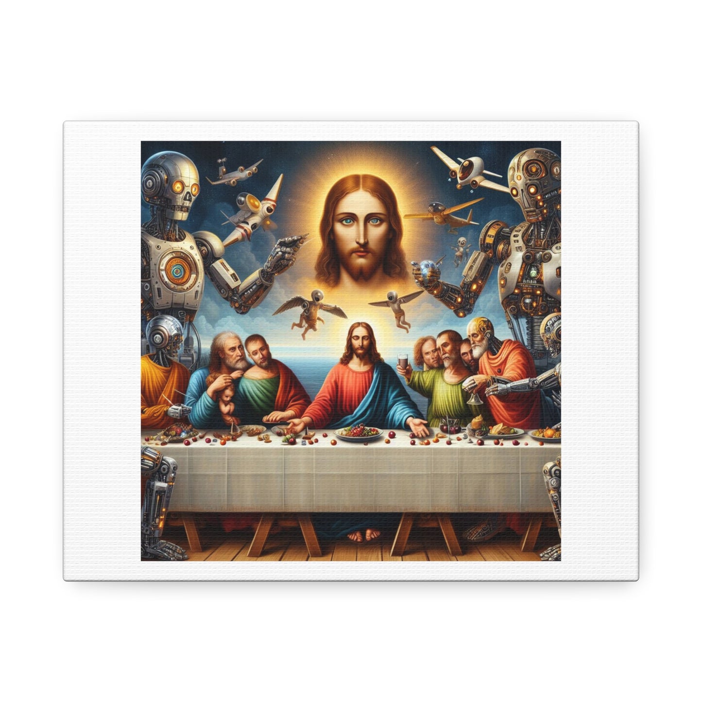 Jesus, Aliens, NPCs and Robots Depicted in the Last Supper, Art Print 'Designed by AI' on Canvas