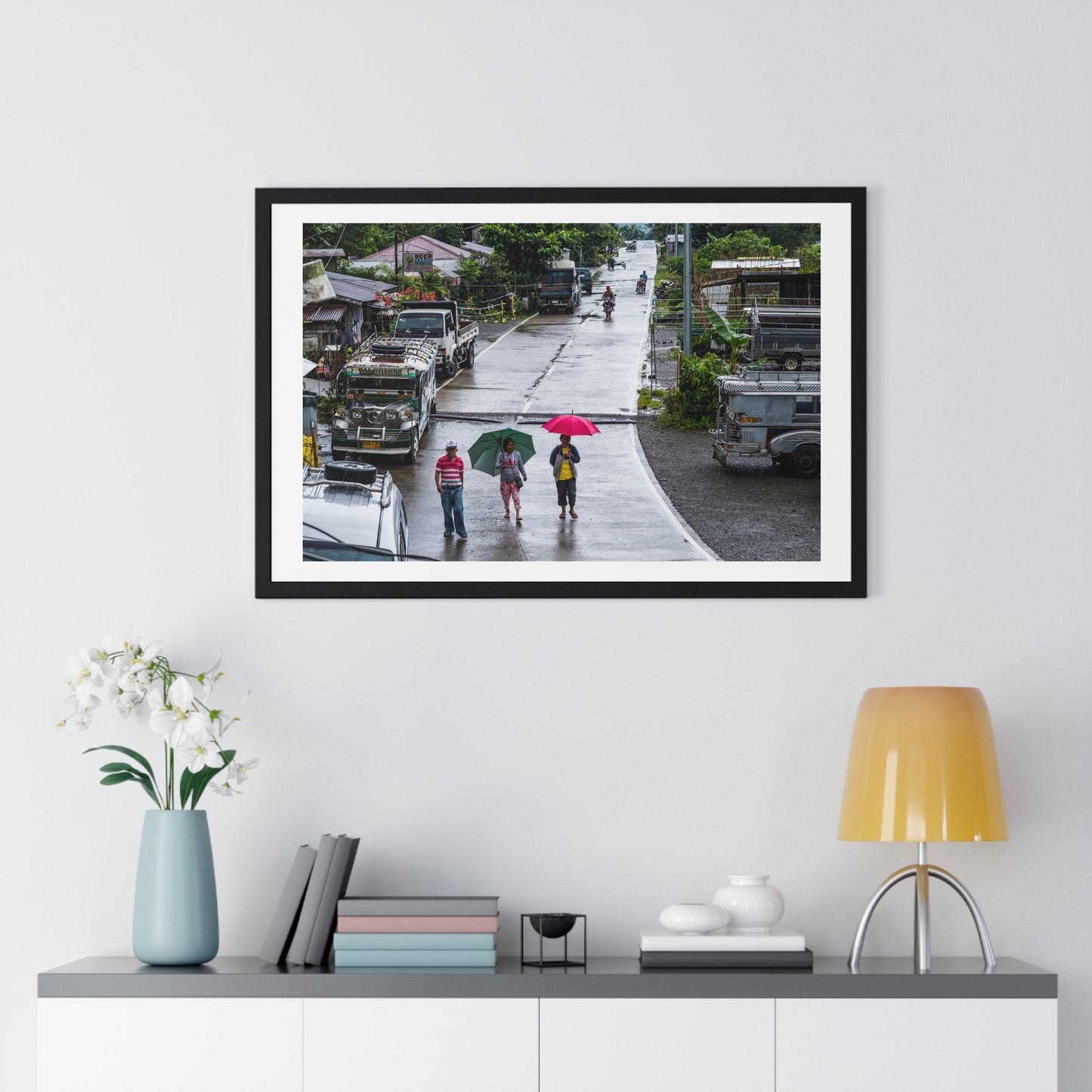 People Walking in the Rain in a Small Village, Nueva Vizcaya, Philippines (2017) Photographic Art, from the Original, Framed Print