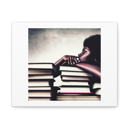 Black Woman Thinking, Leaning On a Pile of Books Photorealism 'Designed by AI' Art Print on Canvas