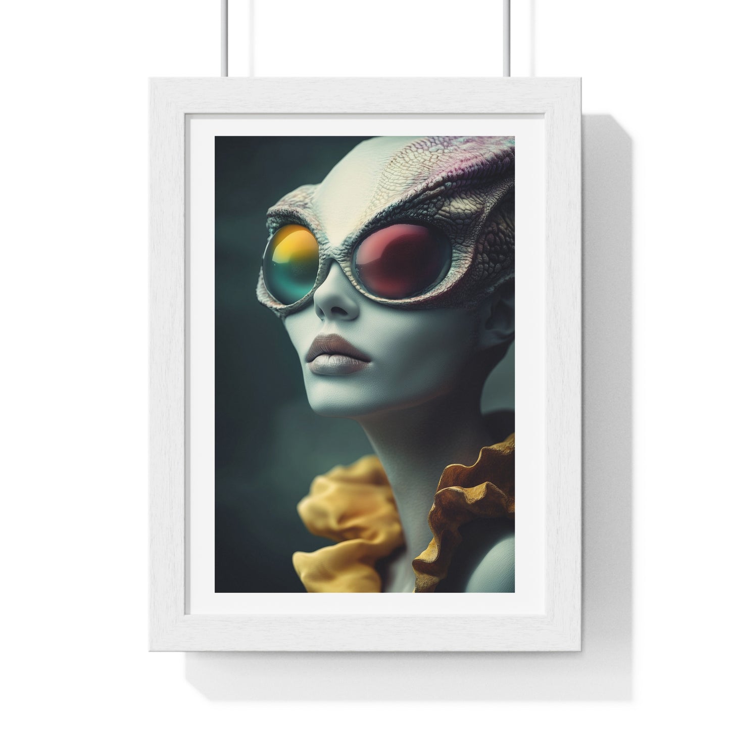 Blue Reptilian Alien, Magazine Poster Art 'Designed by AI' Framed Print