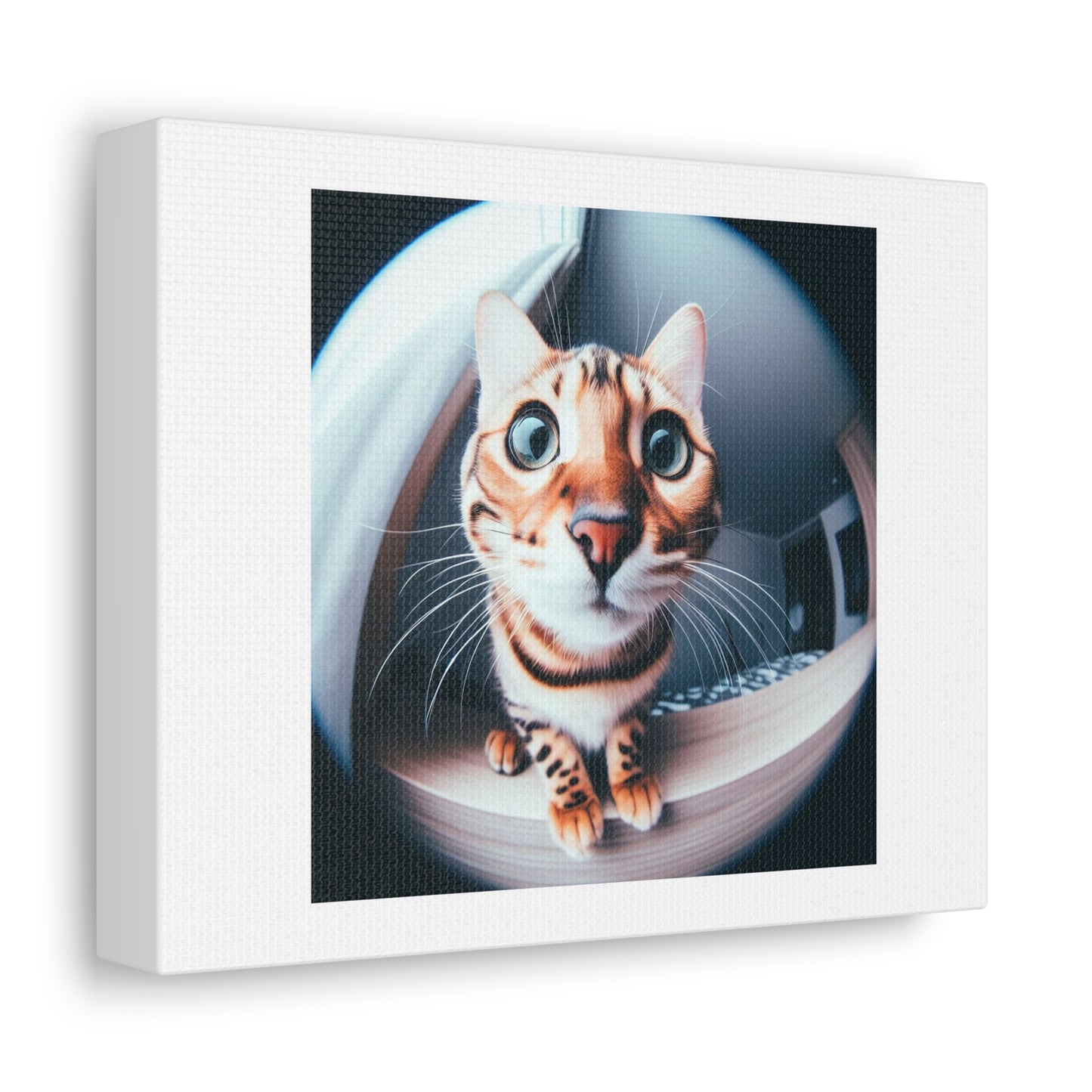 Cute Curious Bengal Cat in Fisheye Lens 'Designed by AI' Art Print on Canvas