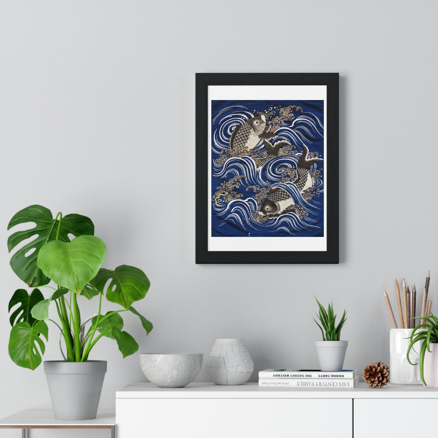 Gift Cover 'Fukusa' with Carp in Waves (Meij Period) from the Original, Framed Art Print