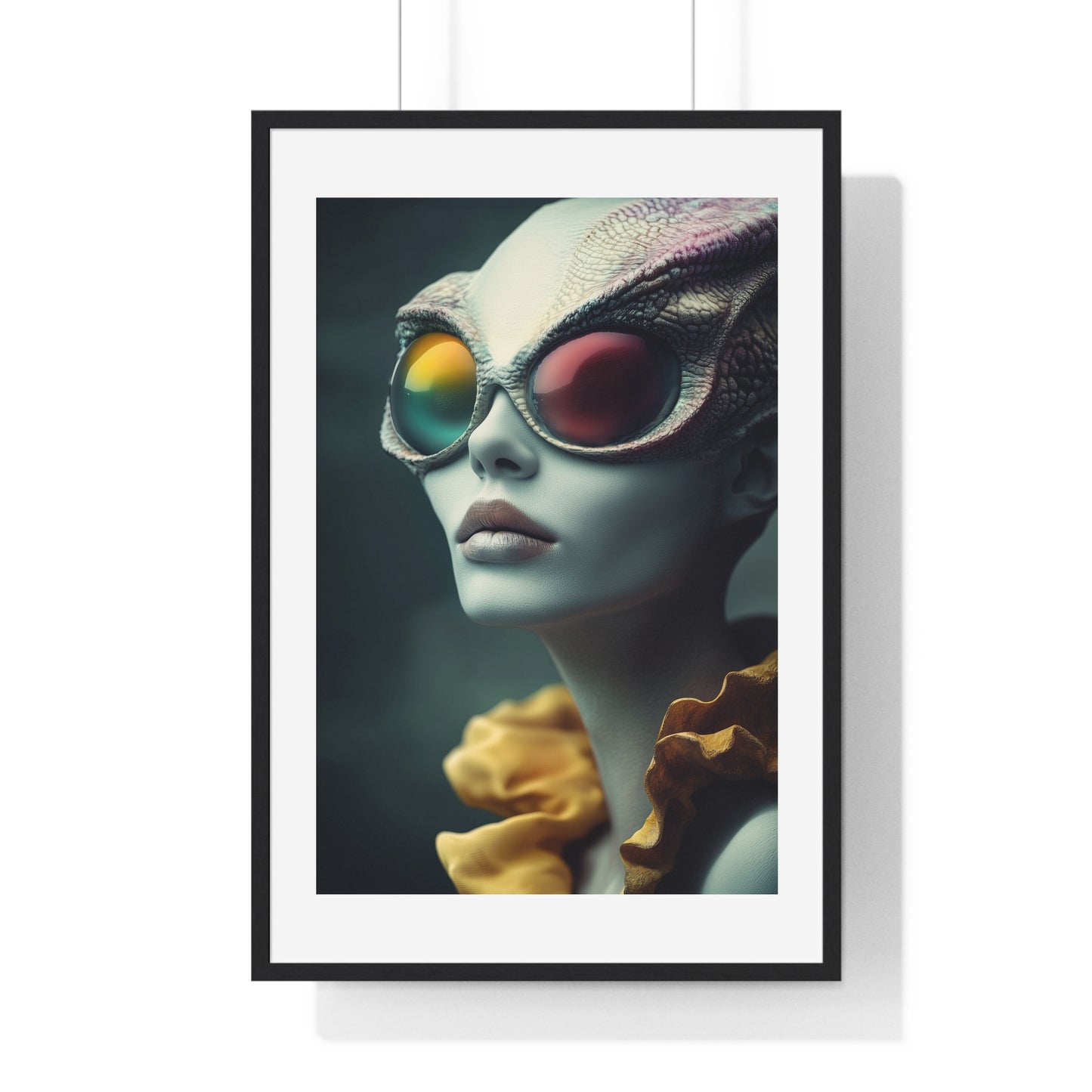 Blue Reptilian Alien, Magazine Poster Art 'Designed by AI' Framed Print