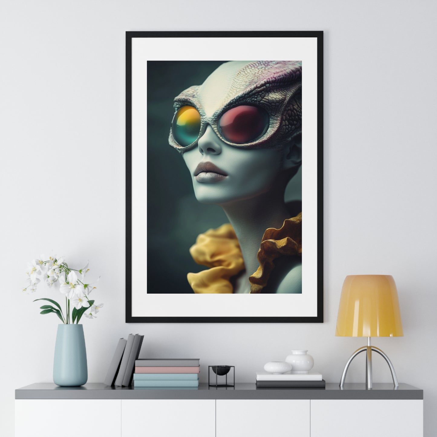 Blue Reptilian Alien, Magazine Poster Art 'Designed by AI' Framed Print