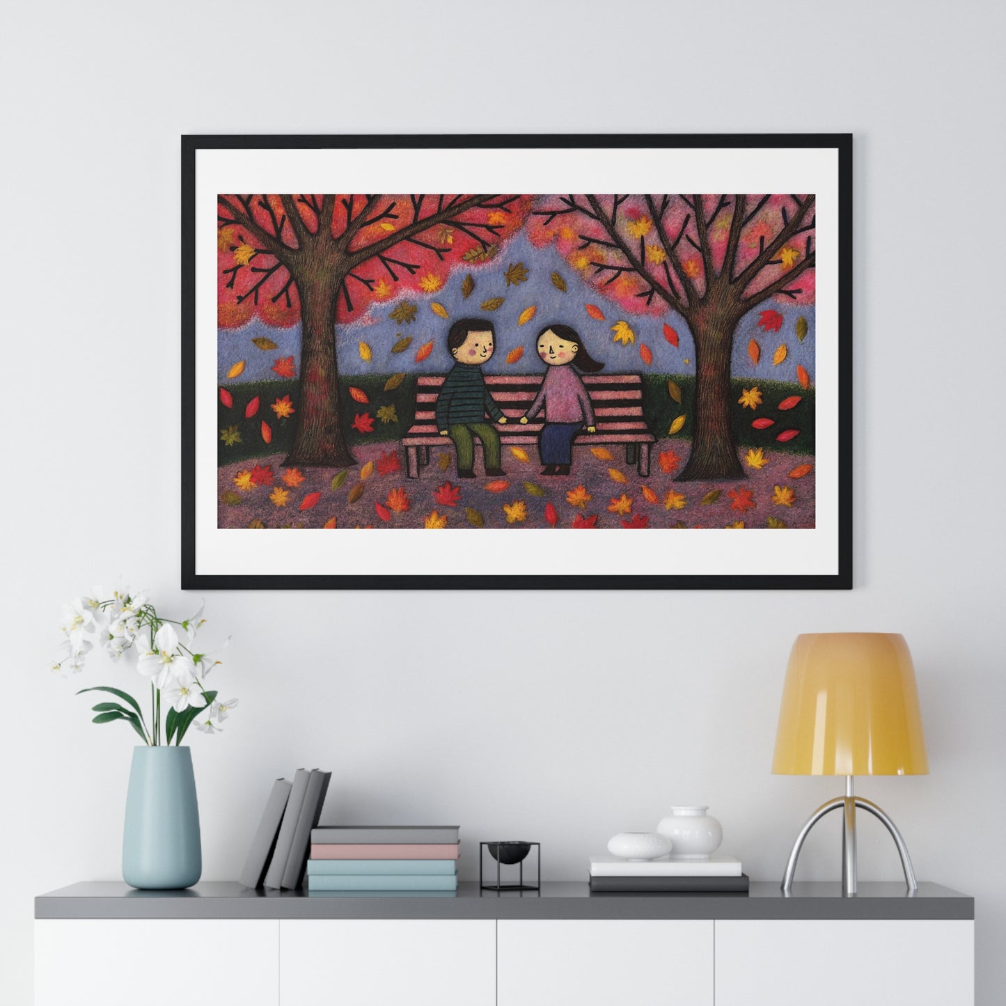 Couple on a Park Bench Fuzzy Felt Art II 'Designed by AI' Framed Print