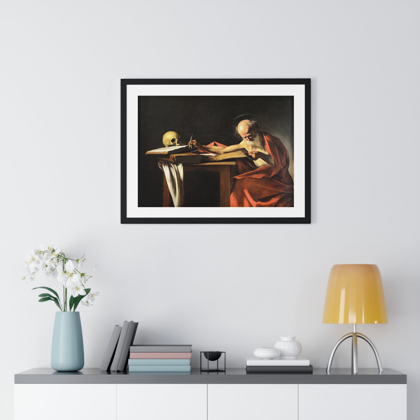 Saint Jerome Writing (1605-1606) by Caravaggio, Large Framed Art Print
