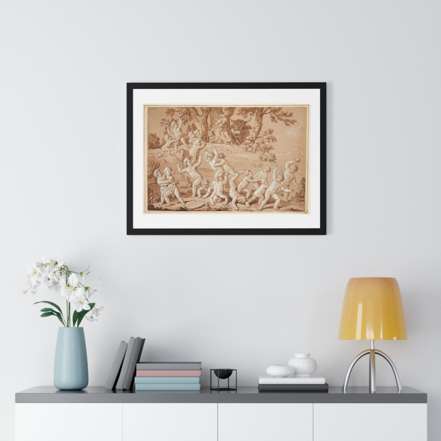 Putti Flees from a Bull, by Conrad Martin Metz, from the Original, Framed Art Print