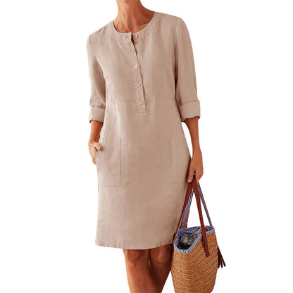 British-Style Round Collar Thick Cotton Dress, Long Sleeves