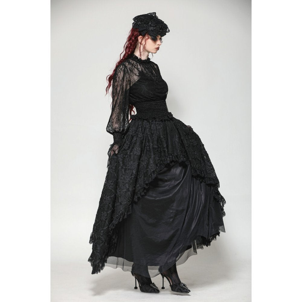 Dark in Love Aoife Black Hollow Lace Elastic Pleated-Waist Eyelash Lace Cuff Top