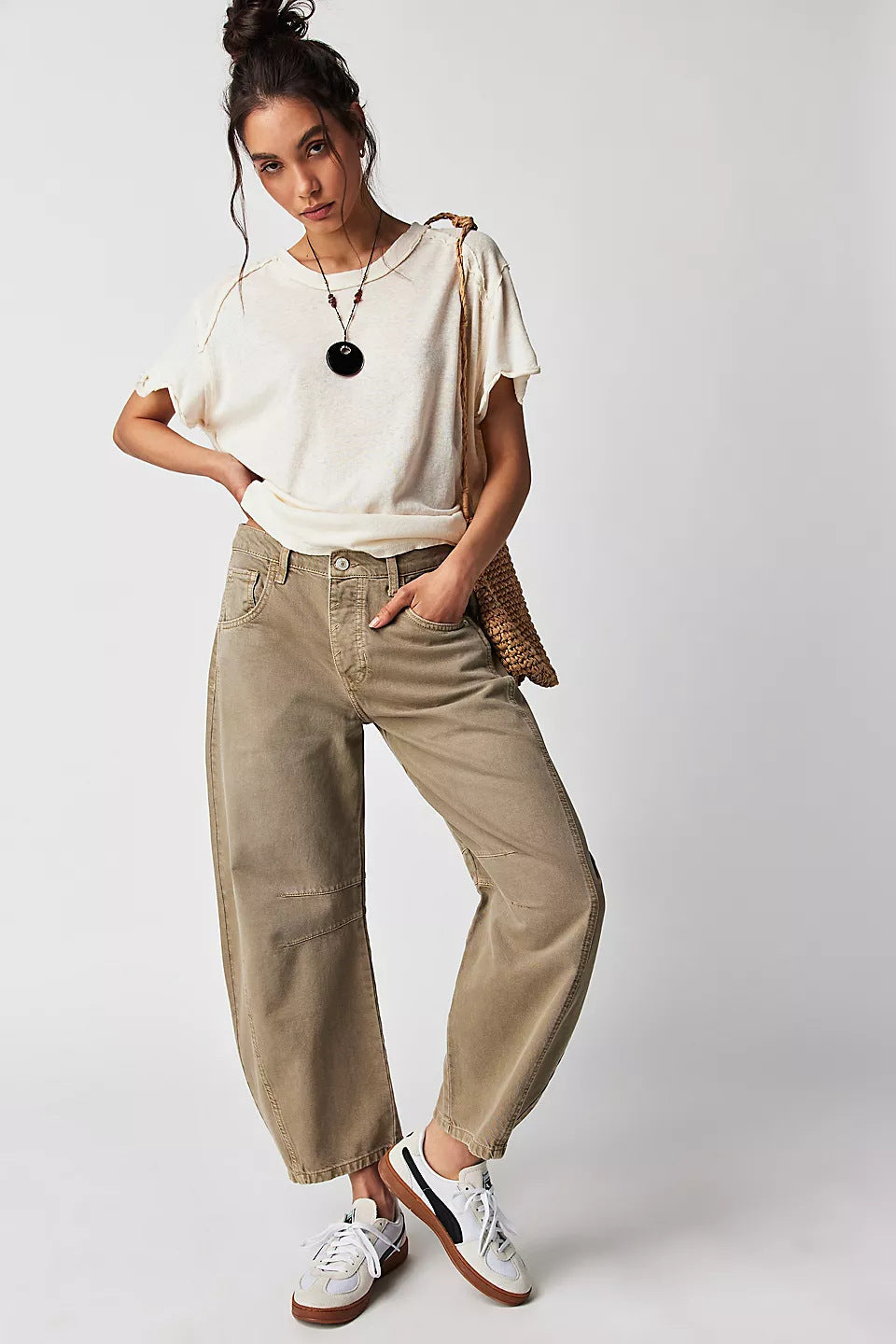 High-Stretch Mid-Rise Barrel Jeans, Fashion Wide Leg Women's Jeans