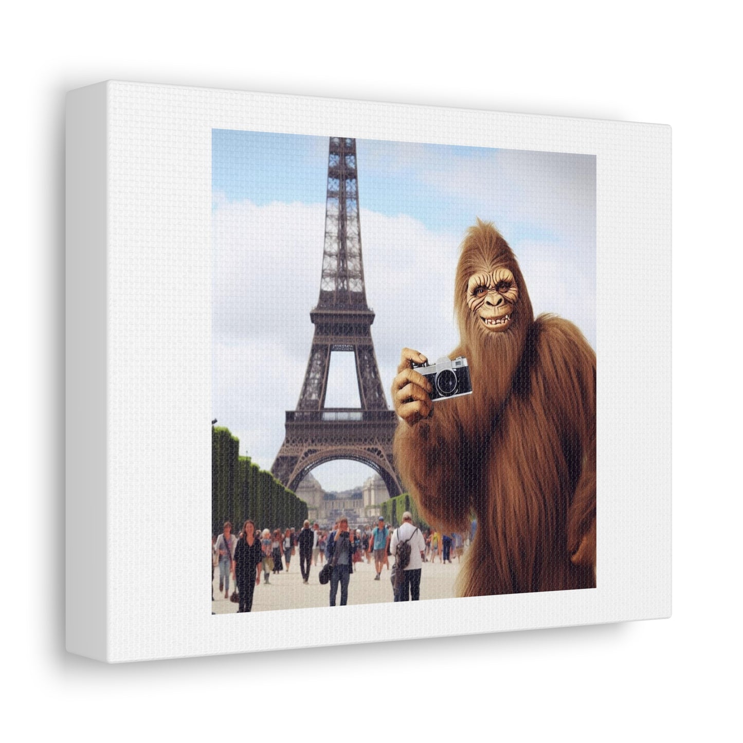 Bigfoot On Tour in Paris Photorealism Art Print ' Designed by AI' on Satin Canvas