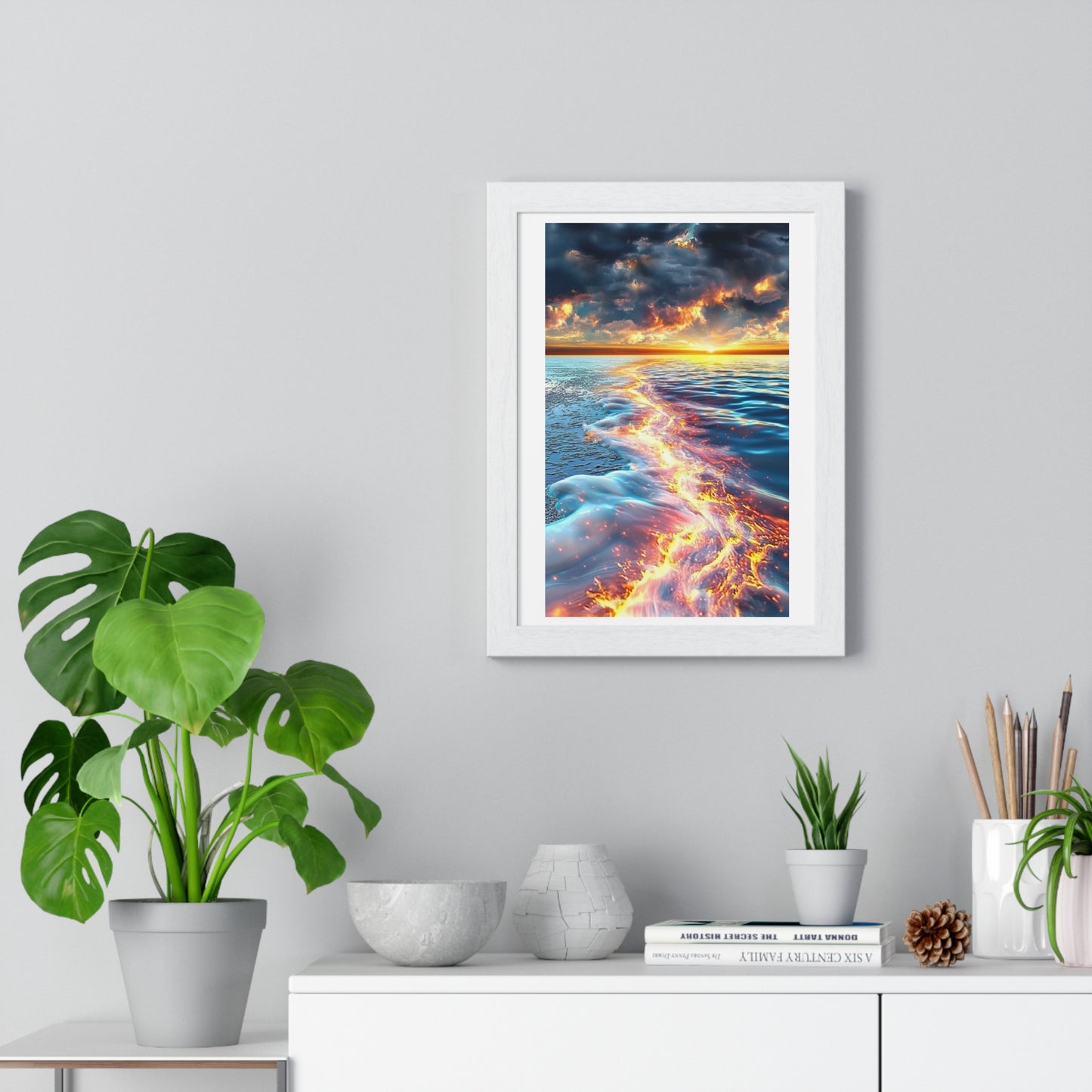 Streaming Fire on the Water, Abstract Art 'Designed by AI' Framed Print