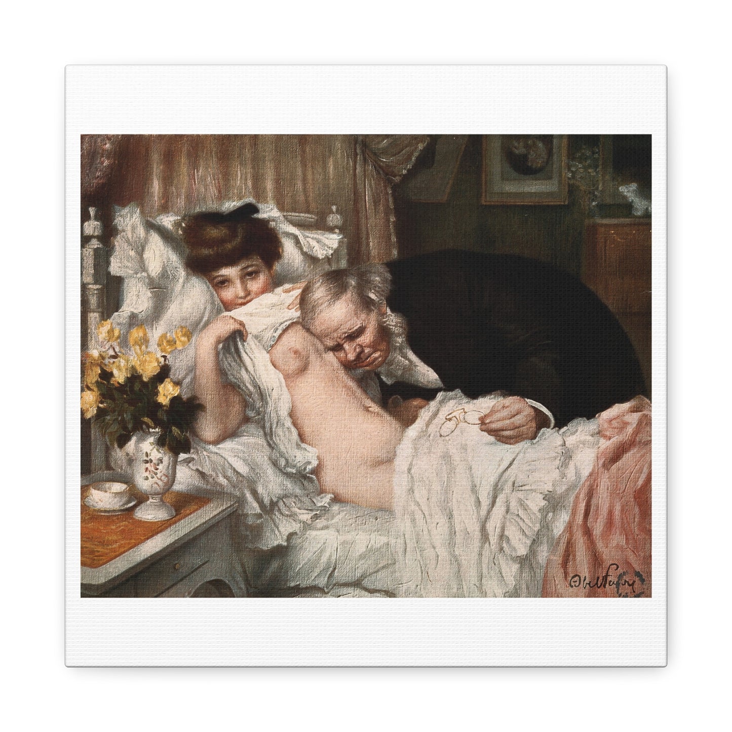 A Beautiful Young Woman Looks Away Coyly While an Aged Doctor Examines her Chest, from the Original, Art Print on Canvas