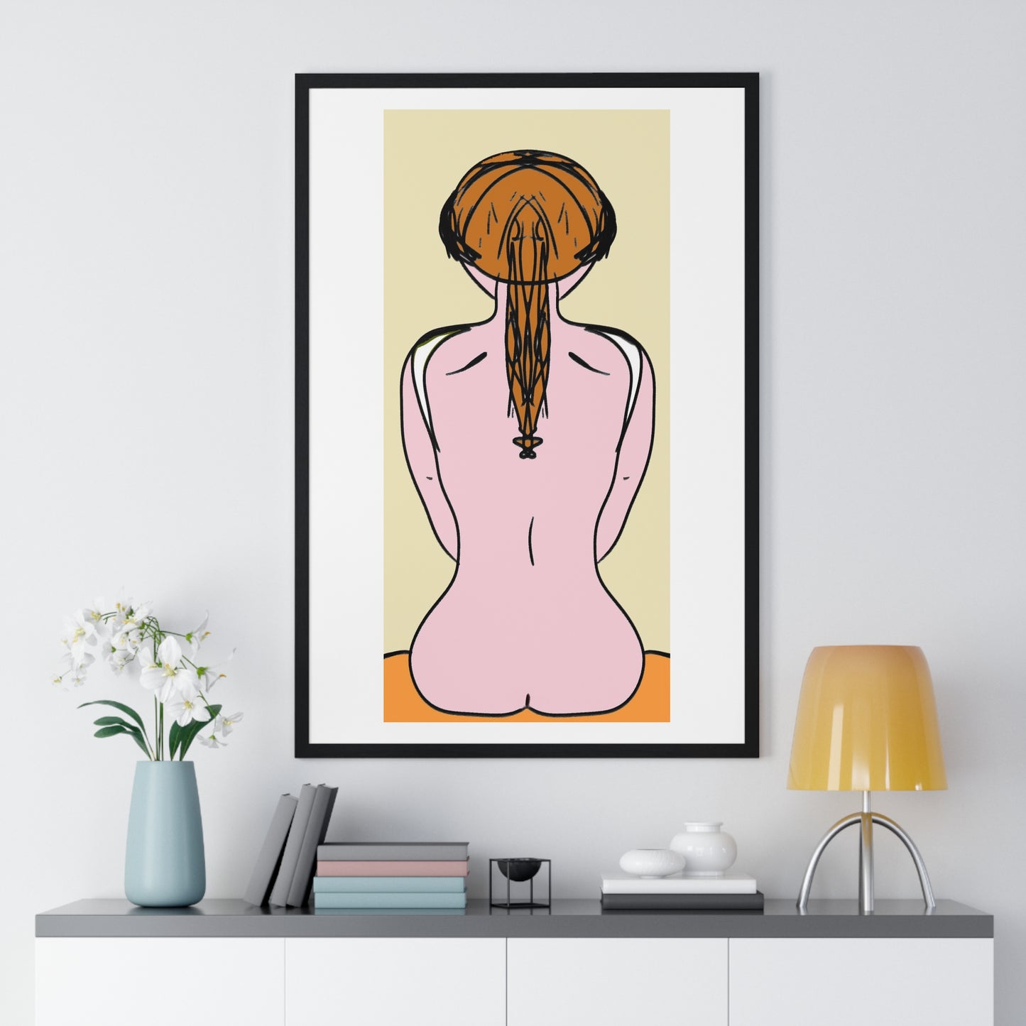 Woman From the Rear, Pencil Sketch 'Designed by AI', Framed Art Print