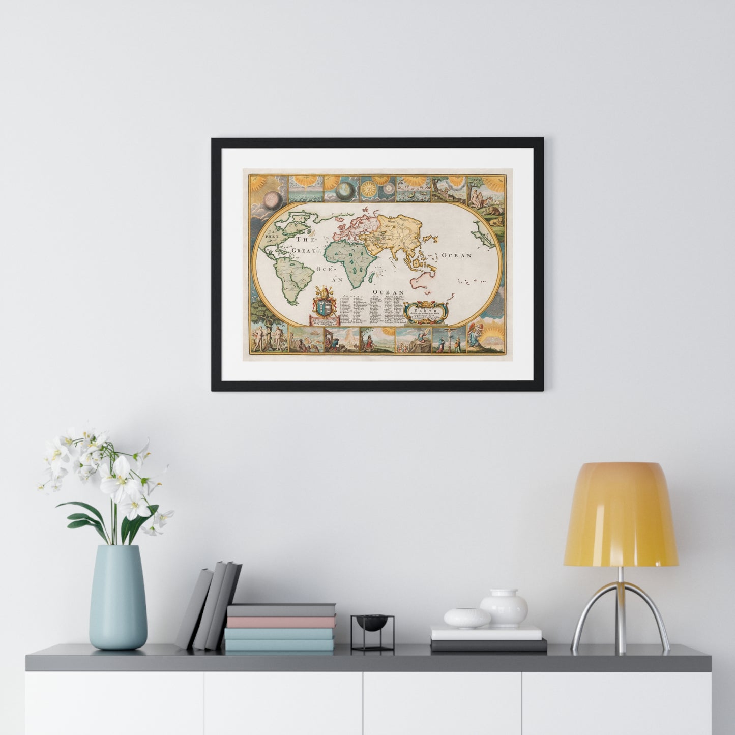 Map of all the Earth after the Flood (1671) by Joseph Moxon, from the Original, Framed Art Print