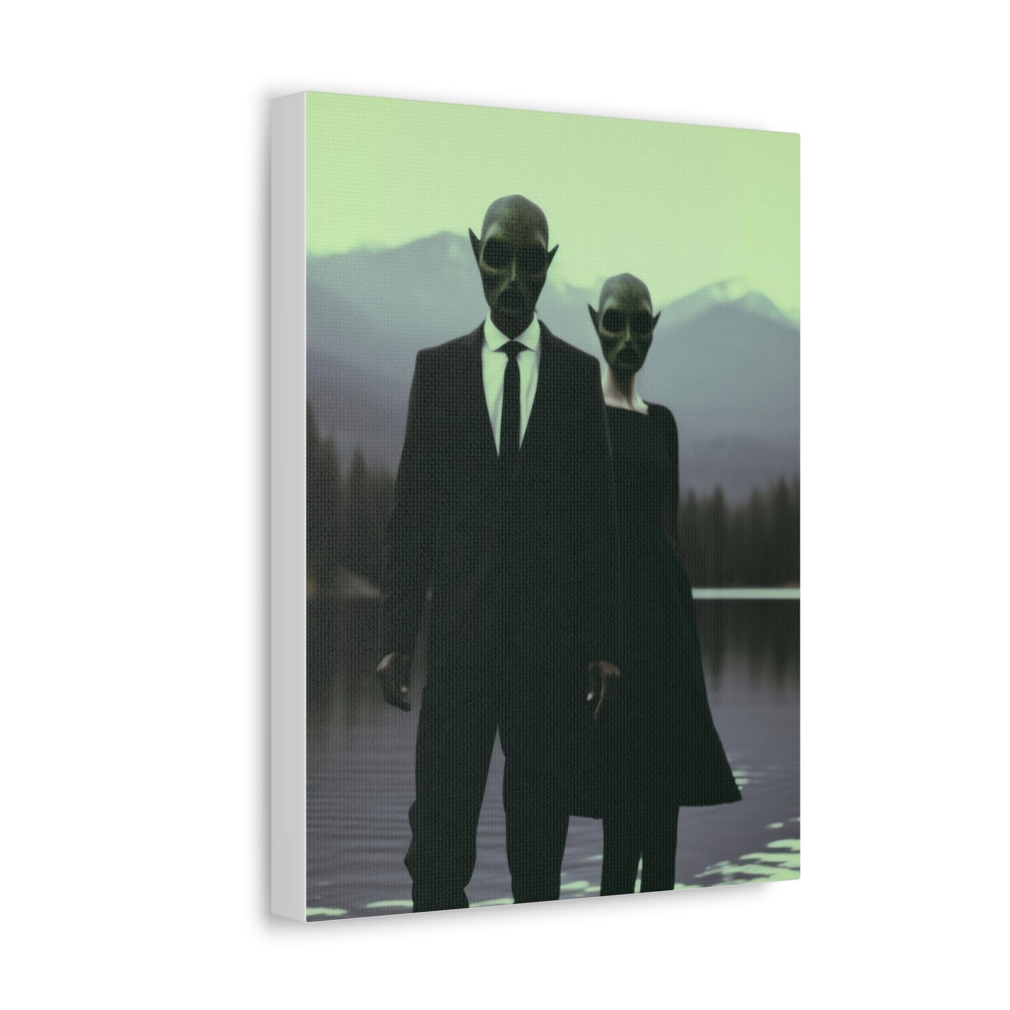 Couple Wearing Alien Mask, Sunglasses Photorealism in Silhouette 'Designed by AI' Art Print on Canvas