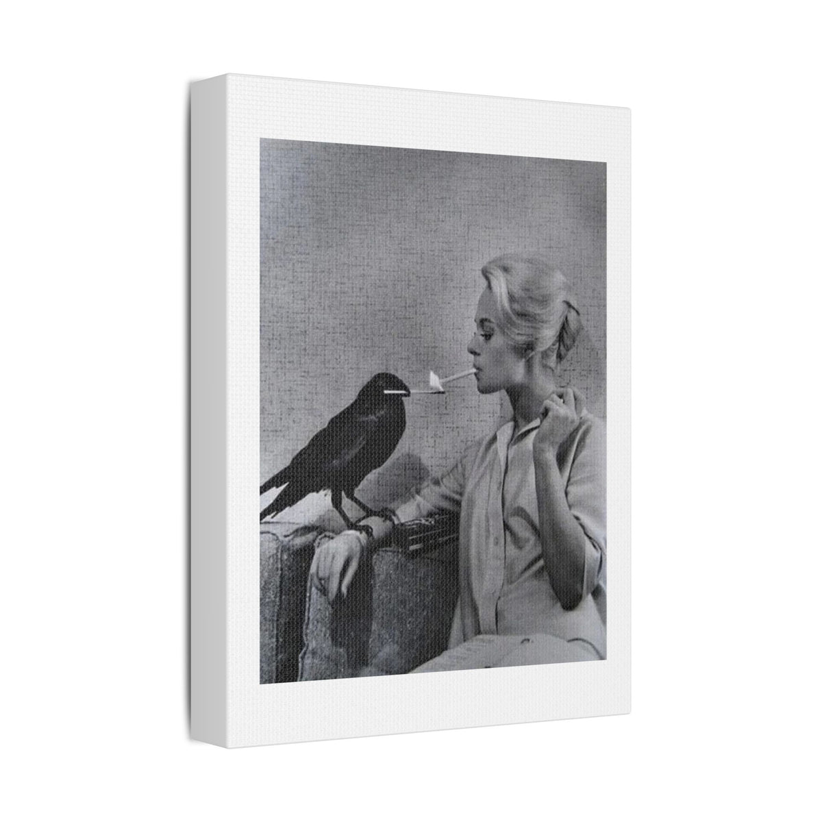 The Woman and the Raven, Retro Art Print on Satin Canvas, Stretched