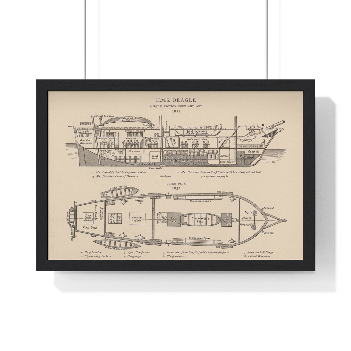 HMS Beagle Antique Print (1832) Middle Section Fore and Aft from the Original, Framed Art Print