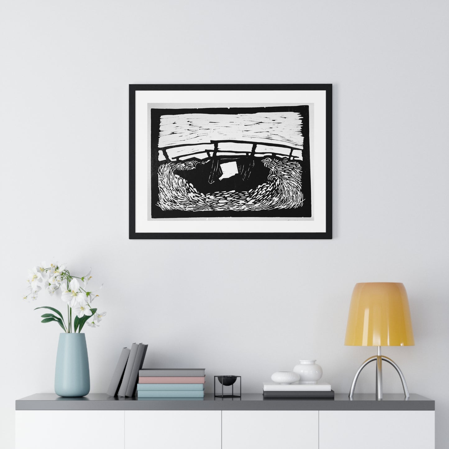 Large Bridge Near Soest (1912) Linocut by Wilhelm Morgner from the Original, Framed Art Print