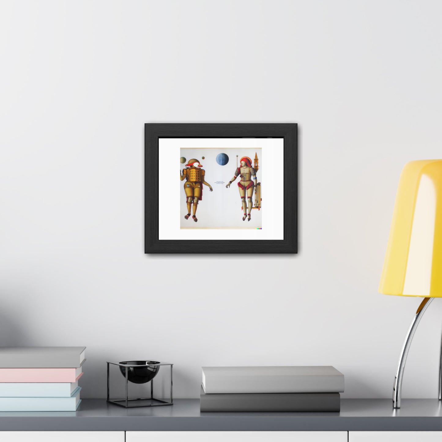 Mars and Venus as Robots in the Style Of Botticelli 'Designed by AI' Wooden Framed Print