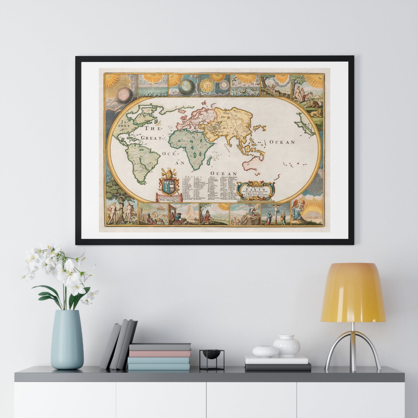 Map of all the Earth after the Flood (1671) by Joseph Moxon, from the Original, Framed Art Print