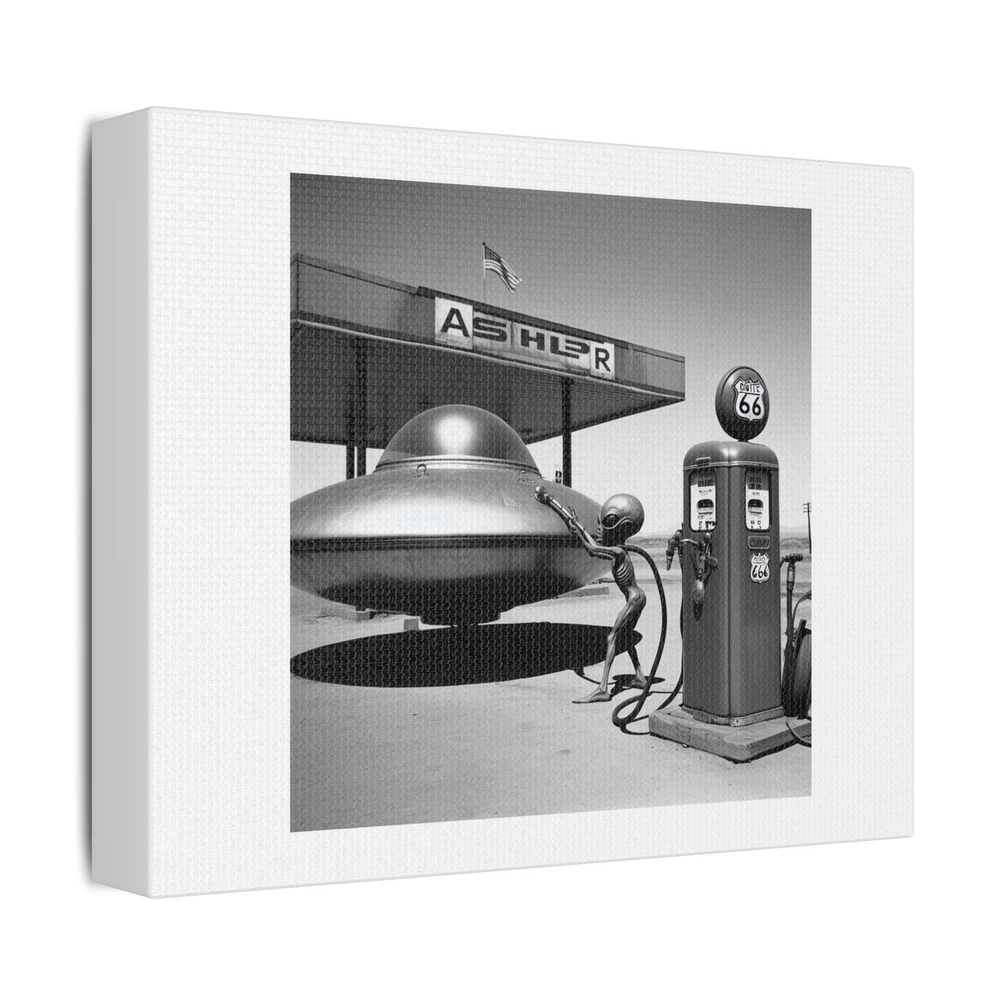 Fill Her Up! Aliens at Roswell in 1947 II 'Designed by AI' Art Print on Canvas