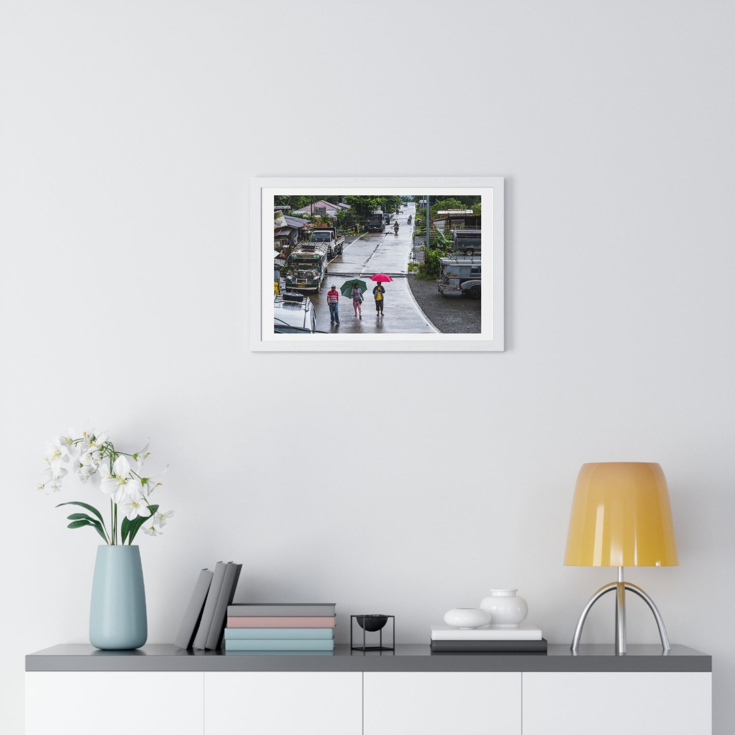 People Walking in the Rain in a Small Village, Nueva Vizcaya, Philippines (2017) Photographic Art, from the Original, Framed Print