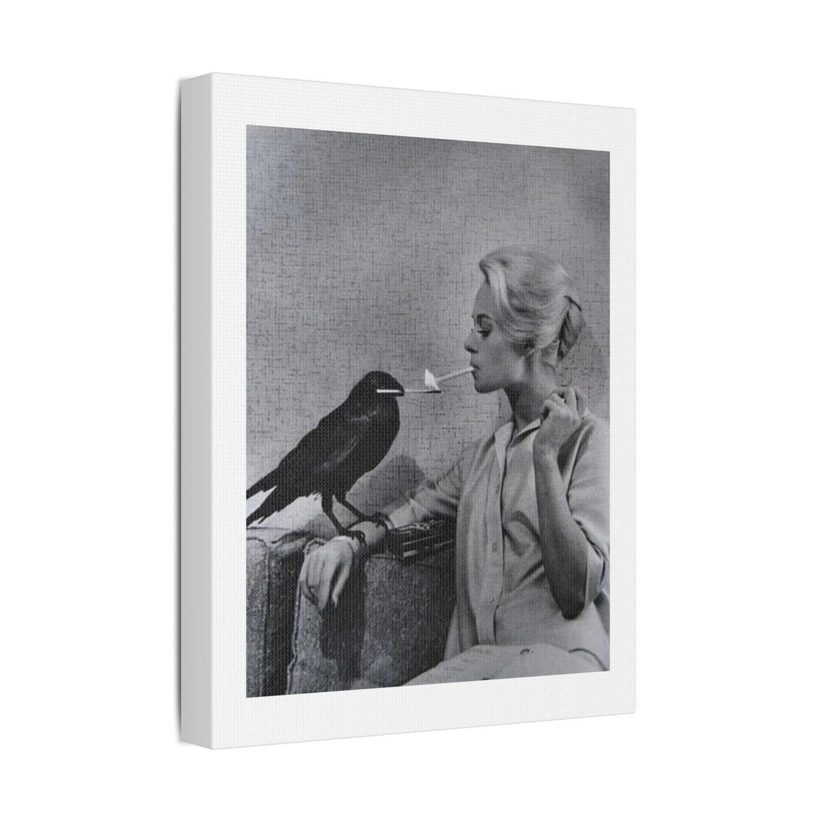 The Woman and the Raven, Retro Art Print on Satin Canvas, Stretched