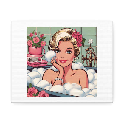 Beautiful Woman in Bubble Bath French 1960s Cartoon Art Print 'Designed by AI' on Satin Canvas