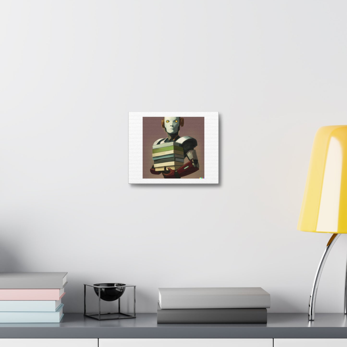 Humanoid Robot Holding Books 'Designed by AI' Art Print on Canvas