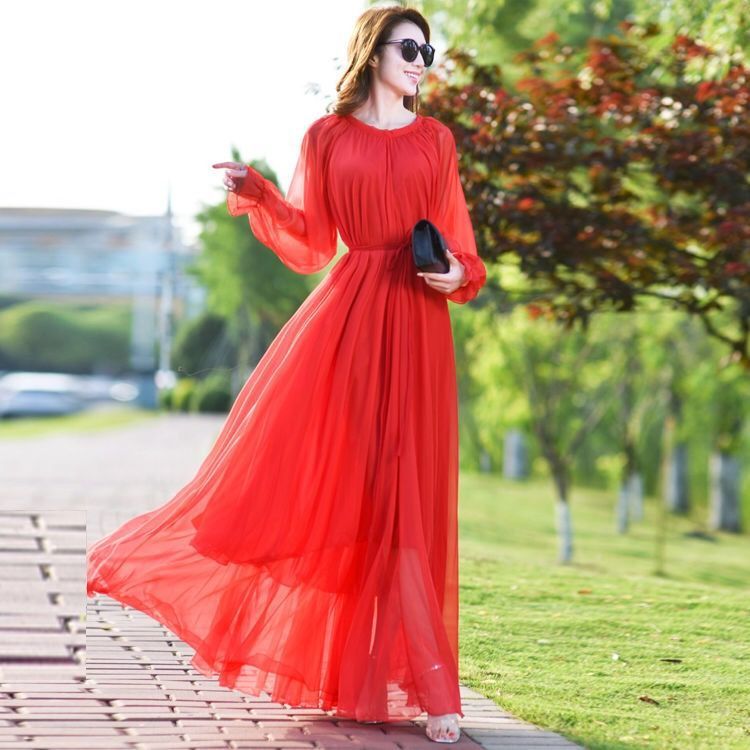 Vireous Flowy Long Sleeve Chiffon Beach Dress