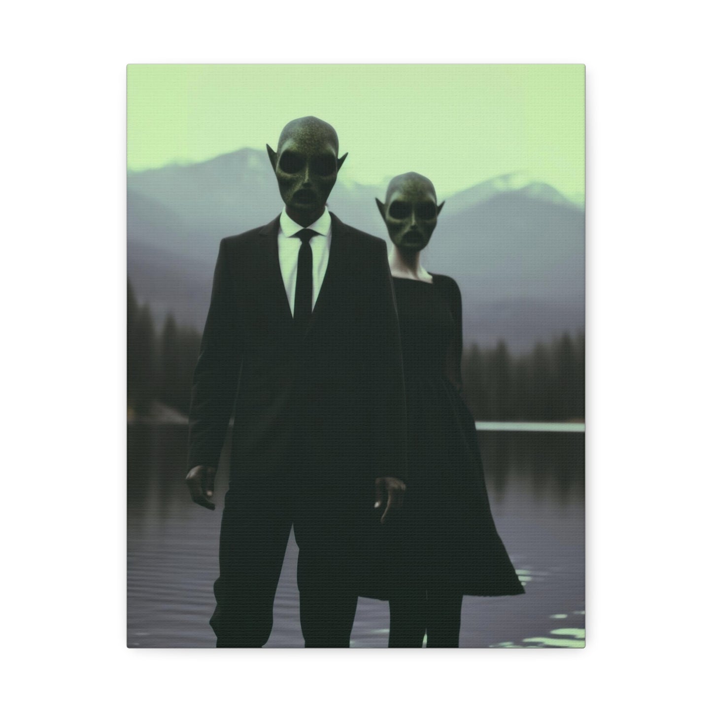 Couple Wearing Alien Mask, Sunglasses Photorealism in Silhouette 'Designed by AI' Art Print on Canvas