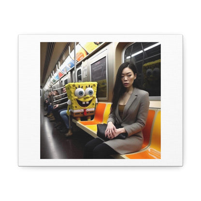 Woman Being Stalked on the Subway by SpongeBob Digital Art 'Designed by AI' on Satin Canvas