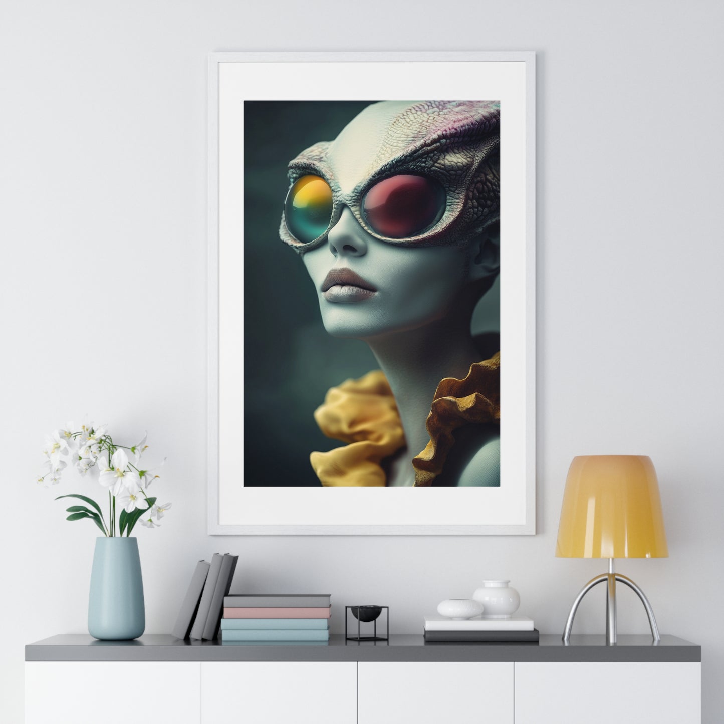 Blue Reptilian Alien, Magazine Poster Art 'Designed by AI' Framed Print