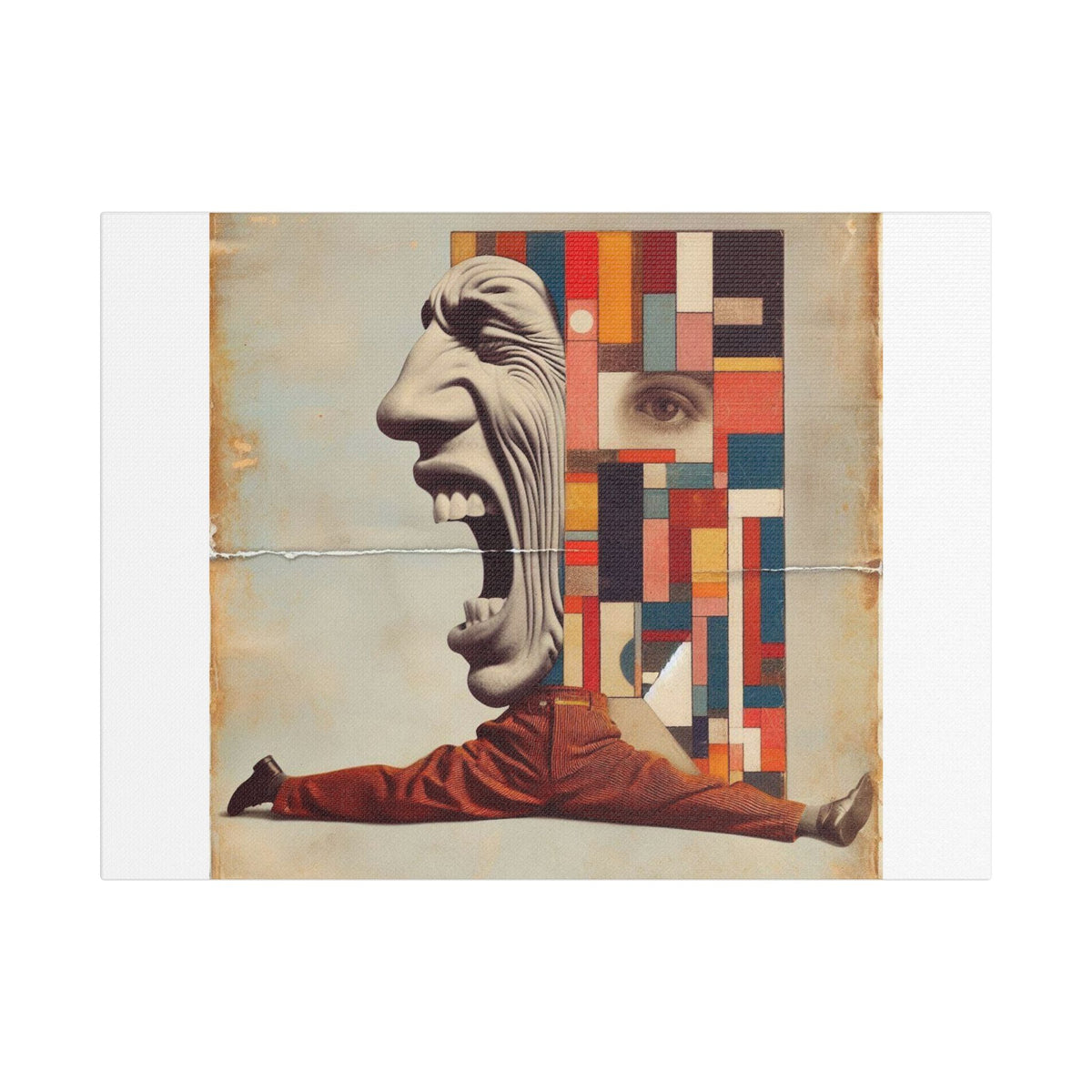 Stretched Canvas Wall Art: Surreal Geometric Face and Acrobat Collage