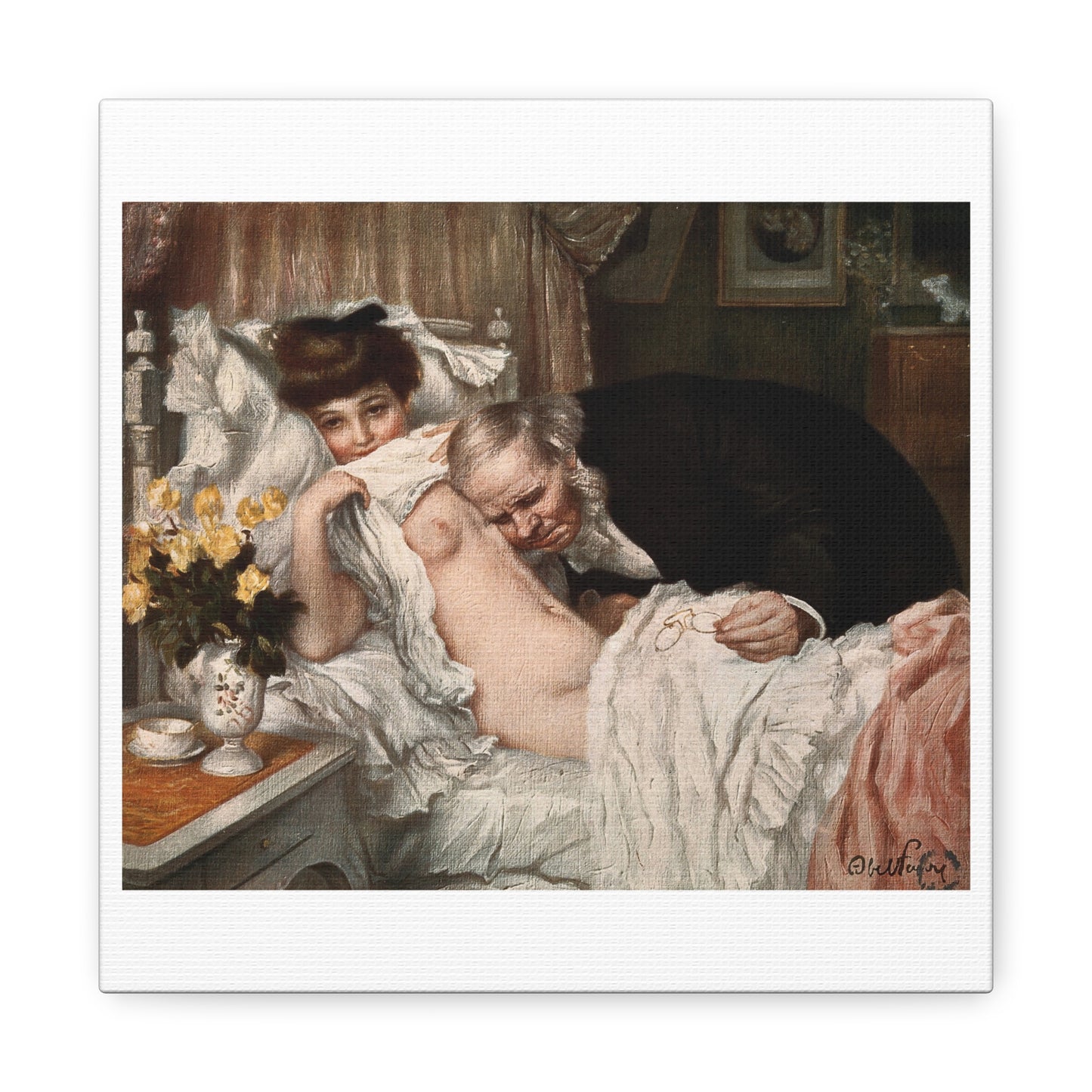 A Beautiful Young Woman Looks Away Coyly While an Aged Doctor Examines her Chest, from the Original, Art Print on Canvas