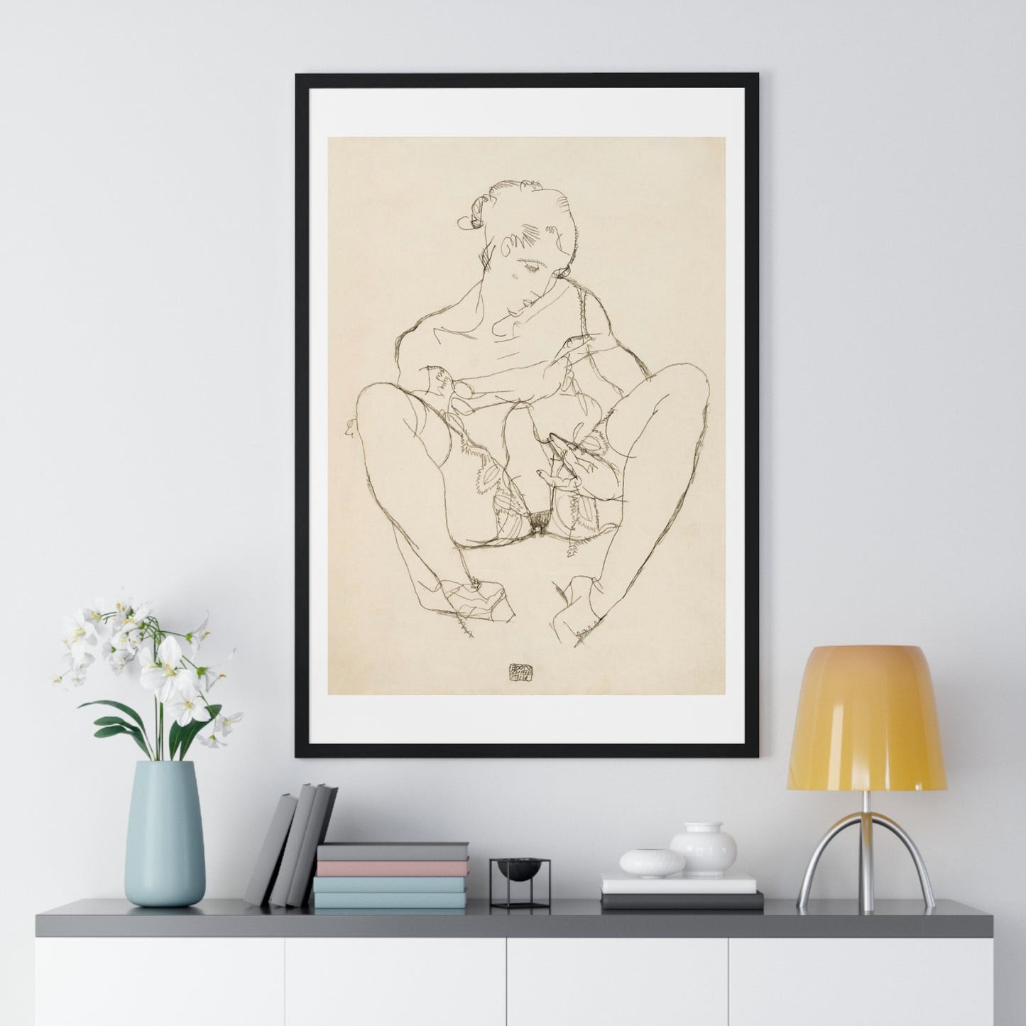 Seated Woman in Chemise (1914) Line Art Drawing by Egon Schiele, from the Original, Framed Print