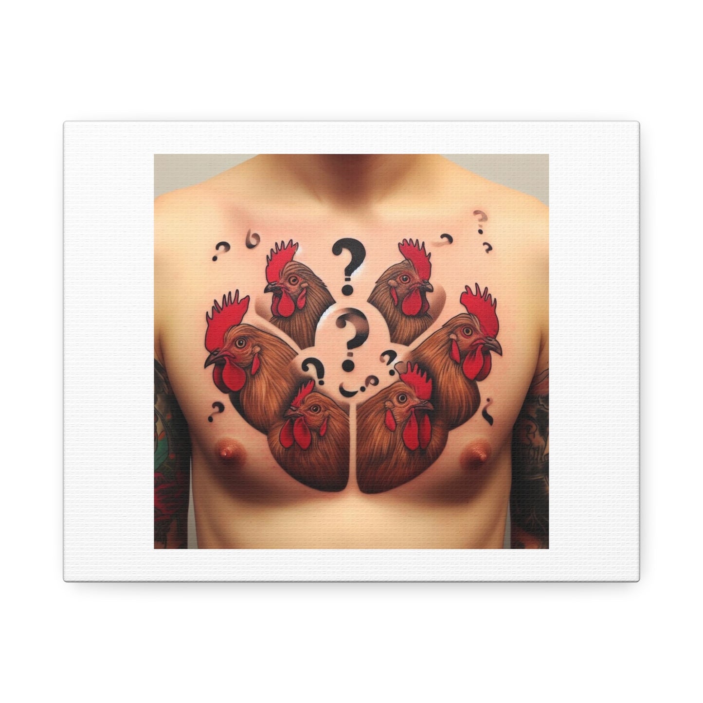 Chest Tattoo of Confused Chickens 'Designed by AI' Art Print on Canvas