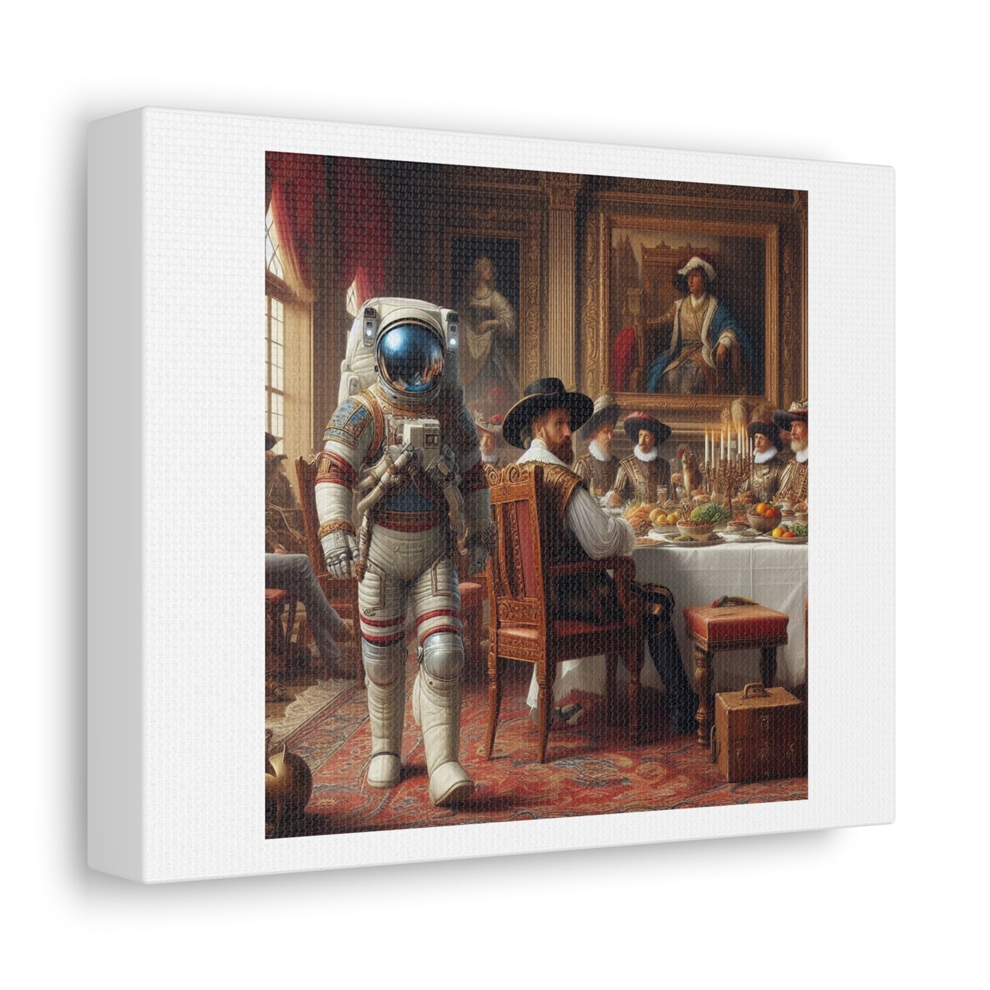 Astronaut Walking Through a Flemish Renaissance Art Scene II 'Designed by AI' Print on Canvas