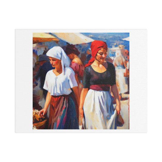 Women in Greek Market, Oil Painting 'Designed by AI' Art Print on Canvas