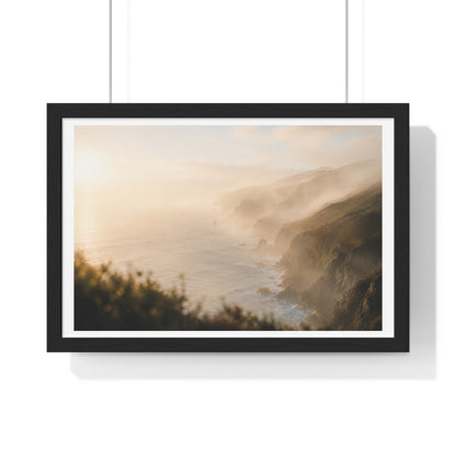 Golden Hour Coastal Mist and Cliffs, Landscape Art Framed Print
